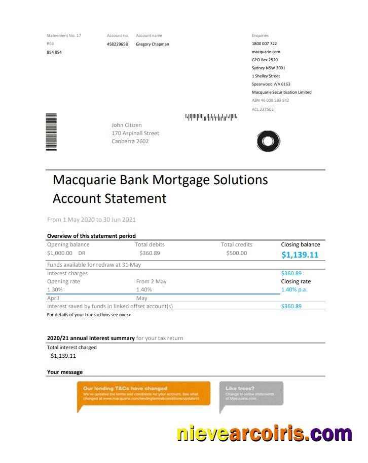 Australia Macquire Bank statement easy to fill in Excel and PDF format